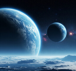 Celestial Symphony: A mesmerizing view of an earth-like planet and a smaller celestial body against a backdrop of deep space, offering a breathtaking view of the cosmos.