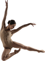 Ballet dancer performing expressive leap with graceful arms and intense focus in mid-air pose....