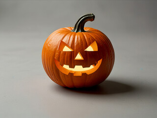 Evil grinning pumpkin with carved eyes and mouth on a gray background