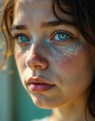 Young girl with bright blue eyes and freckles, adorned with glitter