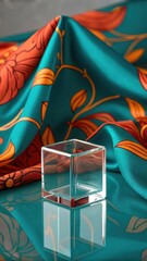 A clear glass cube rests on a reflective surface against a backdrop of flowing teal fabric adorned with vibrant orange floral patterns