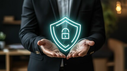 Digital shield represent data protection, cybersecurity on businessman hand