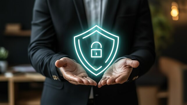 Digital shield represent data protection, cybersecurity on businessman hand