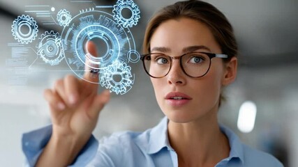 Woman interacts with holographic interface: A focused businesswoman wearing glasses interacts with a holographic interface, showcasing futuristic technology and innovative solutions. - Powered by Adobe