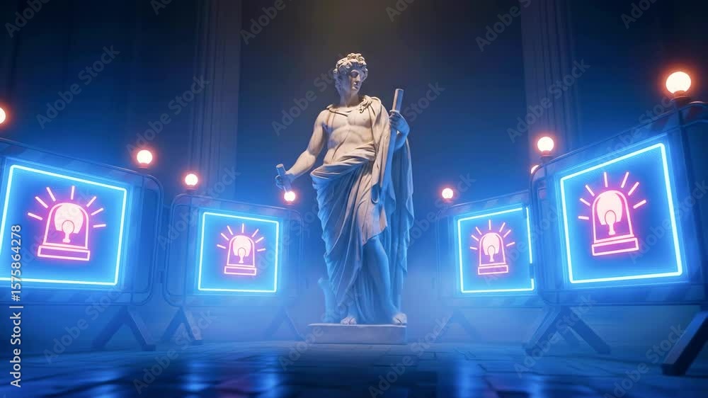Poster classical statue in a modern setting surrounded by illuminated screens displaying alerts