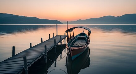 Serene Lake Sunset: Boat Docked at Pier with Mountain Backdrop