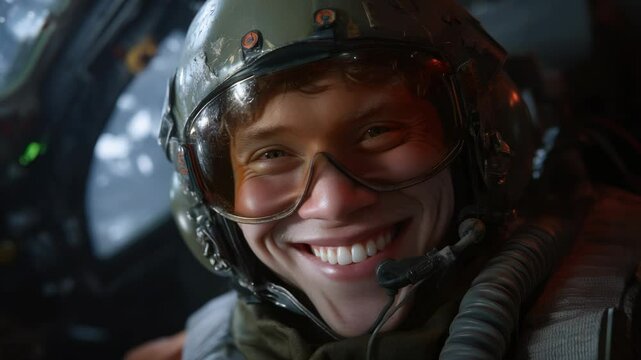Pilot Smiles Confidently in Cockpit, Embarking on Flight Mission, Ready to Fly High