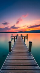 Fototapeta premium Serene Sunset Dock: Tranquil Lakeside Pier at Dusk