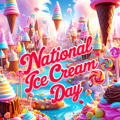 Whimsical Candy-Colored Ice Cream Cone Landscape: National Ice Cream Day Celebration