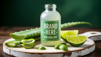 Frosted glass bottle of organic aloe vera juice with lime and basil on wood