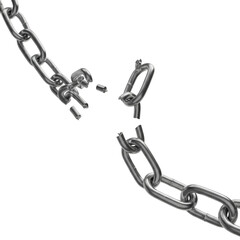 A strong metal chain is dramatically broken, with links separated and pieces scattered, isolated on a transparent background