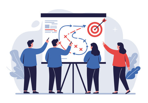 A diverse team collaborates on a strategic plan, brainstorming ideas and charting a course to achieve a target, visualized on a whiteboard in a modern office.