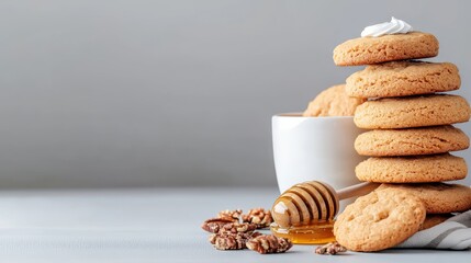 Delicious Stack of Homemade Cookies Accompanied by Fresh Coffee Cup