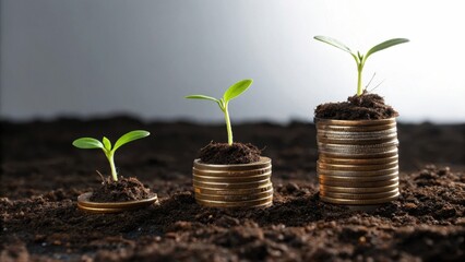 Green sprouts growing from stacks of coins symbolizing financial growth and investment success