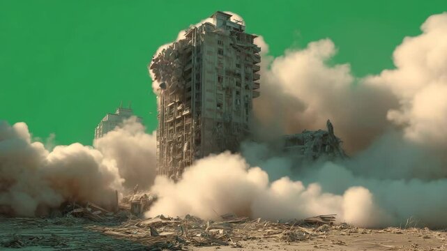 A building is crumbling and being destroyed by an explosion with dust clouds