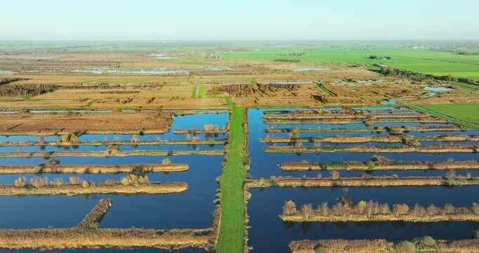 Aerial view of landscape with water channels and fields in serene, tranquil environment, nature reserve Rottige Meente, Weststellingwerf, Friesland, Netherlands.