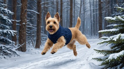 A joyful terrier dog wearing a blue knitted sweater leaps through a snowy forest during winter