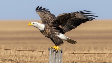 Naklejka premium Bald Eagle Perched on Post with Wings Extended
