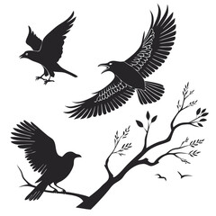 Obraz premium Flying Bird Silhouettes Vector Set with Minimal Line Details for Logos and Tattoos