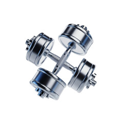 A pair of shiny chrome dumbbells, symbolizing strength and fitness, isolated on a clean transparent background for versatile use