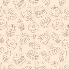 Seamless vector banner with outline fast food icons. Background with hand drawn drawings pizza, burger, hot dog, ice cream, soda, coffee. Sketch food pattern. Doodle silhouettes of takeaway elements
