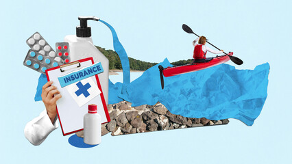 Collage with kayaking woman on blue water near insurance clipboard sanitizer medicine blisters and...