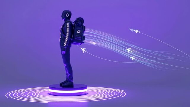 Futuristic figure with a jetpack stands on a glowing platform against a purple background, symbolizing innovation