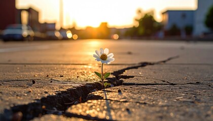Flower sprouts through cracked pavement