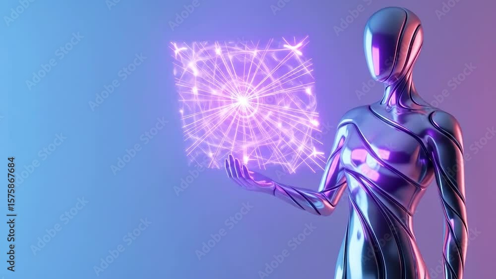 Poster futuristic humanoid robot holding a glowing holographic cube against a gradient background