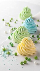 A delightful arrangement of pastel colored meringue swirls adorned with small candies and sprinkles on a light background