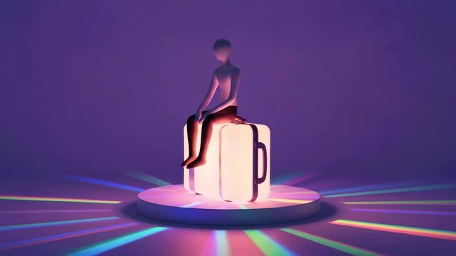 A stylized figure sitting on a glowing suitcase, surrounded by vibrant light patterns in a purple space