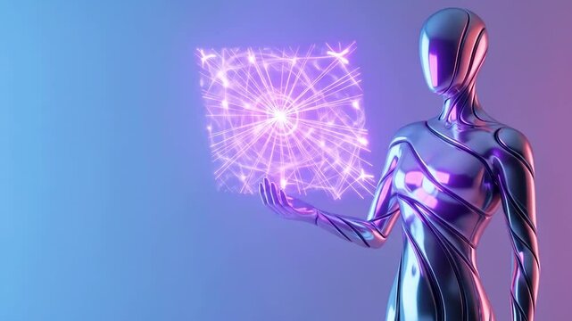 Futuristic humanoid robot holding a glowing holographic cube against a gradient background