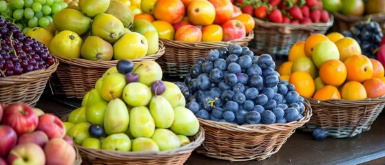 Wooden table full of fresh fruit in baskets