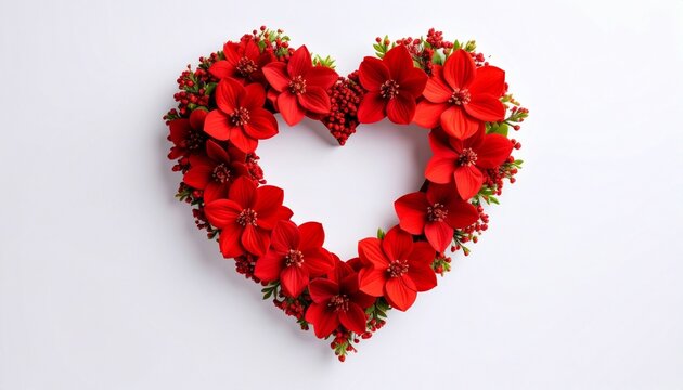 heart made of red rose petals on white background