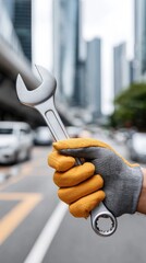 Mechanic repairs engine hood with wrench while wearing grey gloves against a blurred city street backdrop, showcasing car care skills