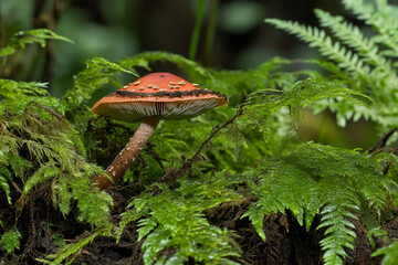 Vibrant red-capped toadstool emerging from lush green ferns in a forest setting