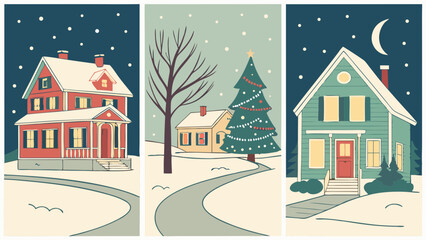 Charming winter village scene featuring colorful homes adorned with snow, a decorated tree, and a serene night sky.