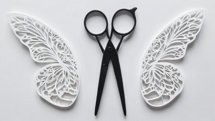 A pair of black scissors with intricate white paper butterfly wings on either side, symbolizing creativity and transformation