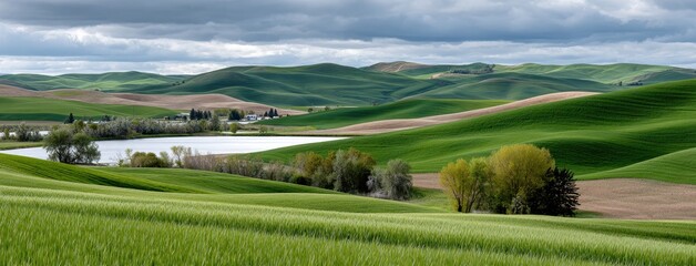 Fototapeta premium Expansive green grass stretches across hills, contrasting with dark clouds and a tranquil lake nestled amid the landscape