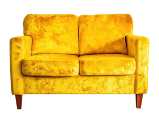 Vibrant gold velvet couch on png transparent background offers stylish seating
