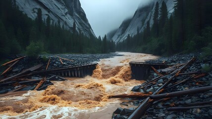 Flash flood submerging wooden bridge in narrow mountain gorge – Ideal for climate crisis visuals, environmental journalism, or natural hazard education