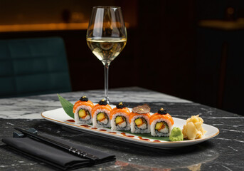 Luxurious sushi rolls topped with caviar and gold leaf, paired with a glass of white wine on a marble table in an elegant restaurant setting.