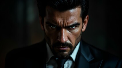 Obraz premium Intense serious man in dark suit portrait with angry expression powerful gaze