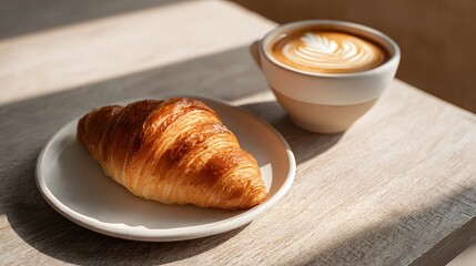 A perfectly baked golden-brown croissant rests on a white plate next to a cup of latte art coffee