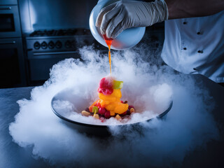 A chef pours a red sauce over a colorful, modern dessert on a plate surrounded by dramatic liquid nitrogen smoke in a professional kitchen.