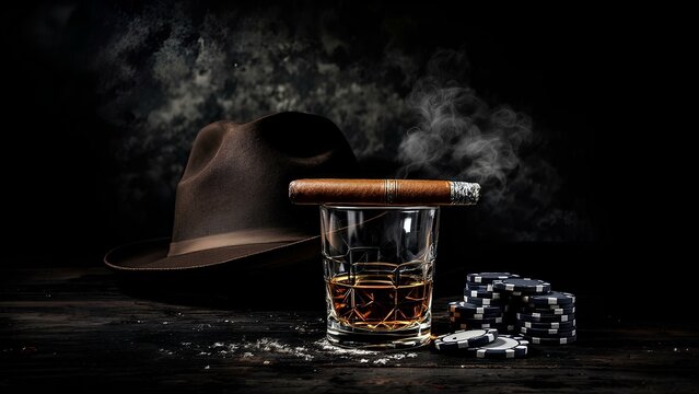 Classic Cigar Whiskey Poker Chips Fedora Hat on Dark Table with Smoke