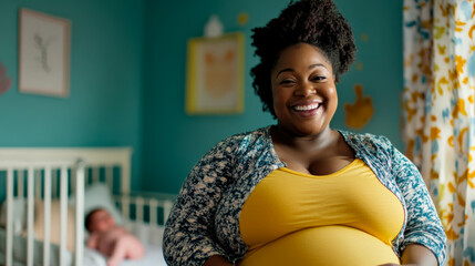 Expecting mother smiles in bright nursery with two babies in cribs during daytime