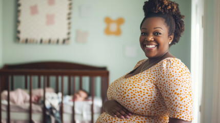 Expecting mother smiles in bright nursery with two babies in cribs during daytime