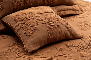 Rich terracotta-orange fabric featuring intricate embroidery with floral patterns showcases elegant...