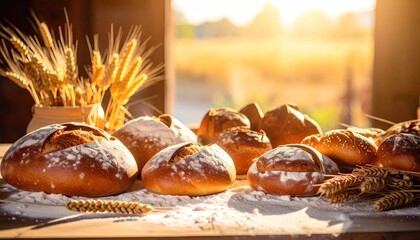 Freshly baked loaves of bread on a wooden table with wheat